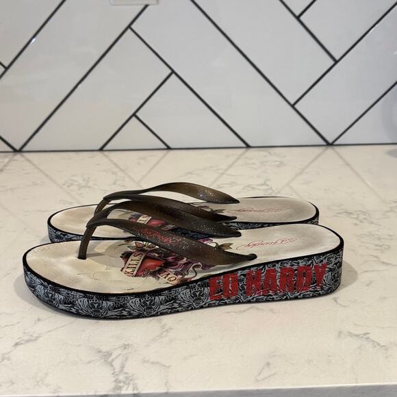 Ed Hardy flip-flops signature tattoo-graphics platform wedge size 10 Y2K baddie - Picture 1 of 8